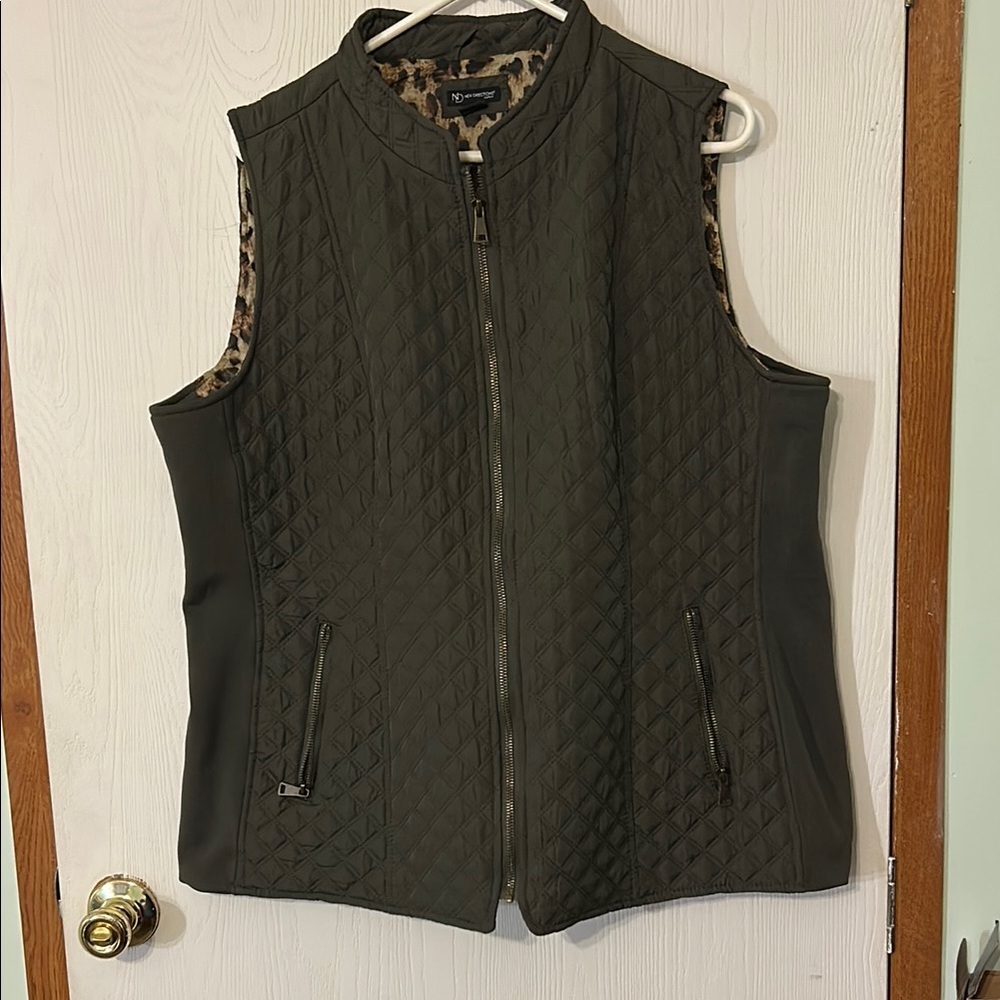 New Directions Olive Quilted Vest with Leopard Lining